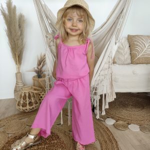 komplet lniany różowy bluzka wiązana+szwedy