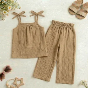 Komplet muślinowy karmel wiązana bluzka + szwedy