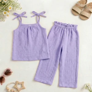 Komplet muślinowy liliowy wiązana bluzka + szwedy