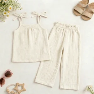 Komplet muślinowy śmietanka wiązana bluzka + szwedy