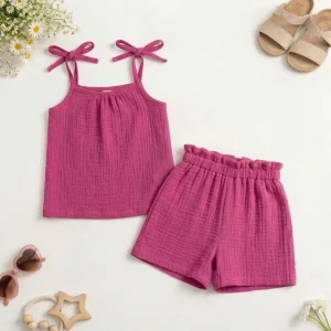 Komplet muślinowy malina wiązana bluzka + szorty