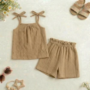 Komplet muślinowy karmelowy wiązana bluzka + szorty