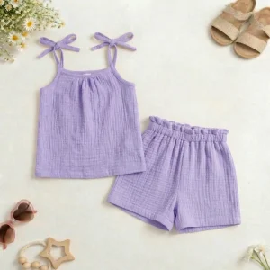 Komplet muślinowy liliowy wiązana bluzka + szorty