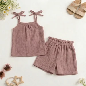 Komplet muślinowy brudny beż wiązana bluzka + szorty